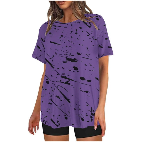 Nrmvnmi Women's Two-Piece Outfits Summer Casual Print Crewneck Short Sleeve Oversized T Shirt Biker Shorts Sets Lounge Workout Tracksuits Purple 2XLMothers Day Gifts