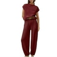 thumbnail image 1 of Nrmvnmi Women's Two Piece Outfits Sweater Sets Cap Short Sleeved Round Neck Knit Pullover Tops and High Waisted Pants Lounge Sets Burgundy 2XLMothers Day Gifts, 1 of 4