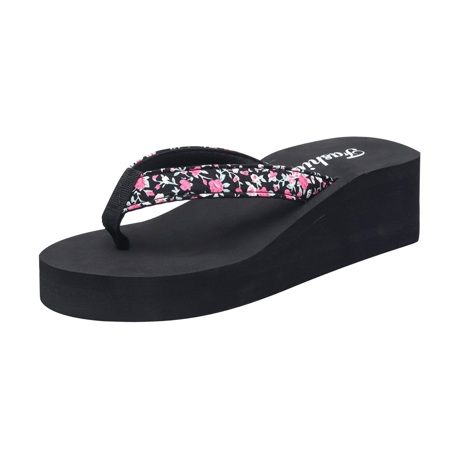 Nrmvnmi Womens Wedge Flip Flop Slippers Floral Dressy Thong Shoes Platform Beach Sandals Black 3711