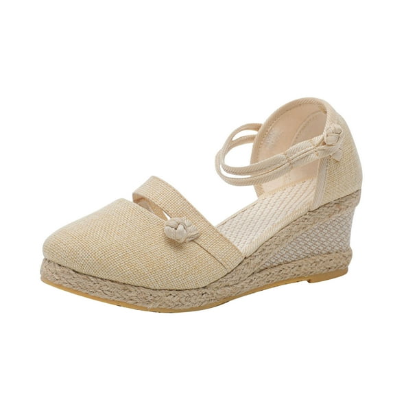 Nrmvnmi Women's Wedge Shoes Closed Toe Summer Plus Size Clasp Solid Color Straw Woven Linen Wedge Sandals Beige Mothers Day Gifts