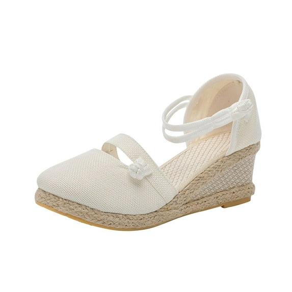Nrmvnmi Women's Wedge Shoes Closed Toe Summer Plus Size Clasp Solid Color Straw Woven Linen Wedge Sandals White Mothers Day Gifts