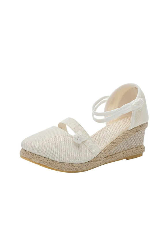 Women's Wedge Shoes Closed Toe Summer Plus Size Clasp Solid Color Straw Woven Linen Wedge Sandals White Mothers Day Gifts