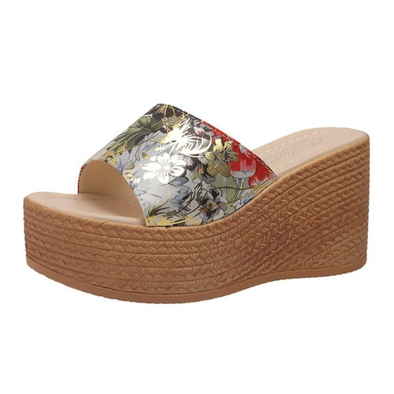 Nrmvnmi Women's Wedge Slipper Open Toe Summer Floral Platform Solid Color Floral Wedge Sandals Gray Mothers Day Gifts