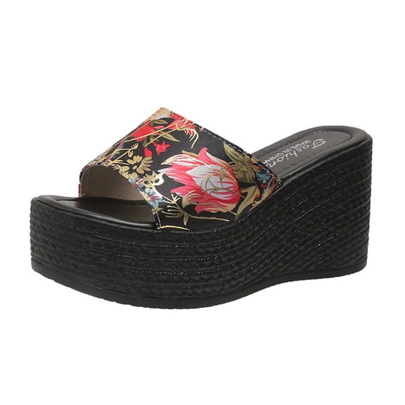 Nrmvnmi Women's Wedge Slipper Open Toe Summer Floral Platform Solid Color Floral Wedge Sandals Red Mothers Day Gifts