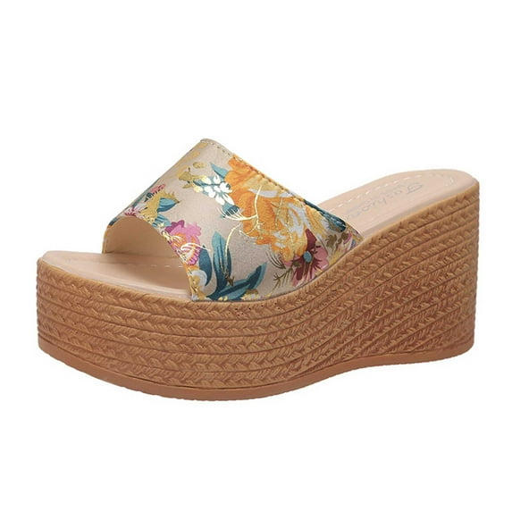 Nrmvnmi Women's Wedge Slipper Open Toe Summer Floral Platform Solid Color Floral Wedge Sandals Yellow Mothers Day Gifts