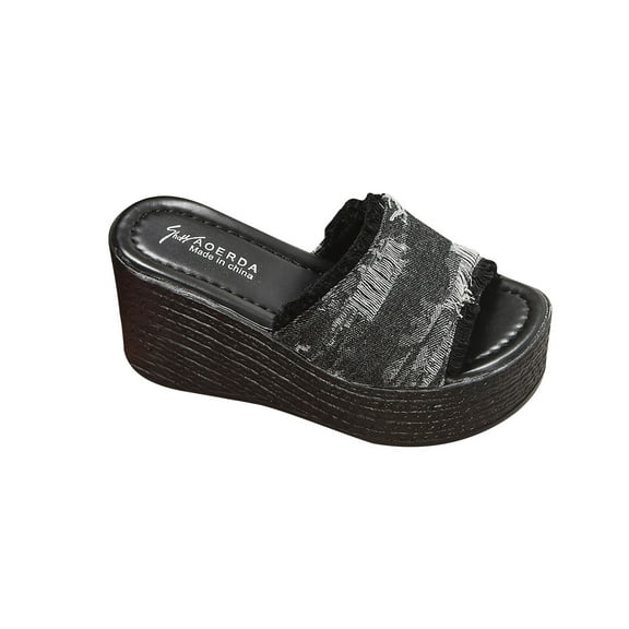 Nrmvnmi Women's Wedge Slipper Open Toe Summer Plus Size Wedge Toe Denim Sandals with Thick Sole Black Mothers Day Gifts