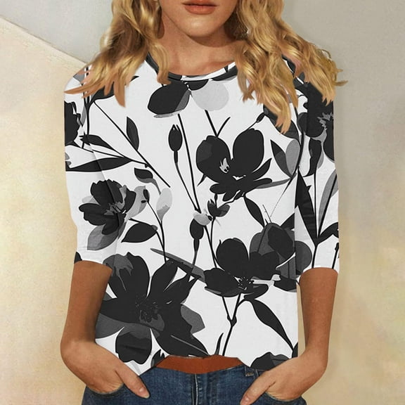 Nrmvnmi Womens 3/4 Length Sleeve Cotton Tops Casual Floral Print Round Neck Summer/Fall Tops Loose Fit Elastic and Lightweight Blouse For Women