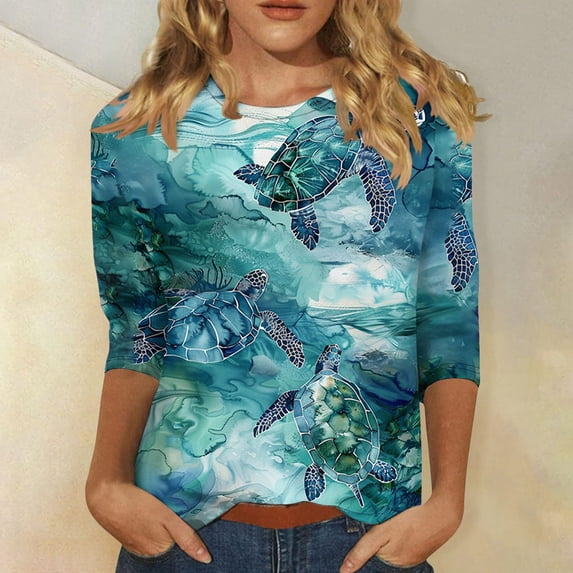 Nrmvnmi Womens 3/4 Length Sleeve Cotton Tops Casual Floral Print Round Neck Tie Dye Summer Tops Loose Fit Elastic and Lightweight Blouse For Women