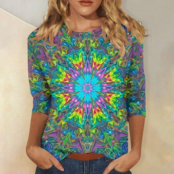 Nrmvnmi Womens 3/4 Length Sleeve Cotton Tops Casual Floral Print Round Neck Tie Dye Summer Tops Loose Fit Elastic and Lightweight Blouse For Women