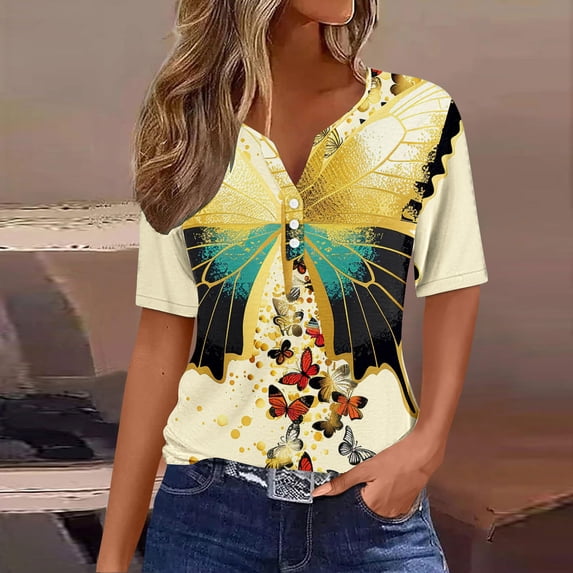 Nrmvnmi Womens 3/4 Sleeve T-Shirts V Neck Buttons Tops Basic Tee Floral Prints Blouse Loose Fit Pullover Summer Shirts 2024 Mothers Day Gifts