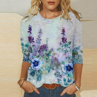 Nrmvnmi Womens 3/4 Sleeve Tops Crewneck Casual Shirts 2024 Fall Fashion Cute Shirts Foral Print Casual Trendy Loose Tops Tees Blouse