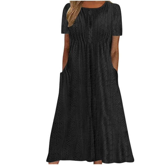 Nrmvnmi Womens Bohemian Maxi Long Dress 2024 Trendy Boho Dresses Round Neck Short Sleeve Casual Beach Vacation Dress with Pockets Black LMothers Day Gifts