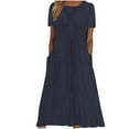 thumbnail image 1 of Nrmvnmi Womens Bohemian Maxi Long Dress 2024 Trendy Boho Dresses Round Neck Short Sleeve Casual Beach Vacation Dress with Pockets Navy LMothers Day Gifts, 1 of 6