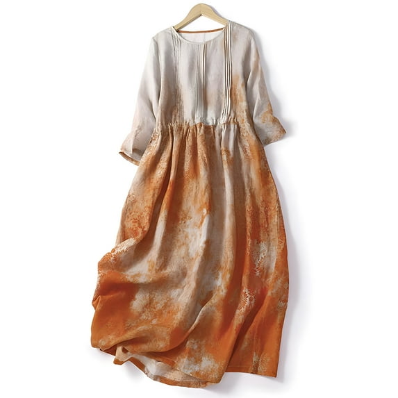 Nrmvnmi Womens Boho Dresses Linen Floral Midi Dresses Lapel Collar Button Lace-Up Dress A Line Casual Flowy Summer Beach Dress Mothers day Gifts for Wife