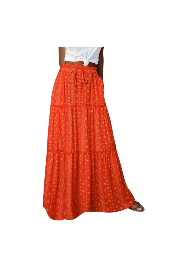 Womens Casual High Waist Tiered Boho Print Long Maxi Skirt with Pockets Orange 2XLMothers Day Gifts
