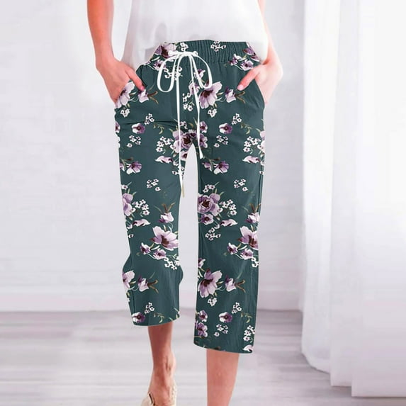 Nrmvnmi Womens Casual Linen Pants Straight Leg Drawstring Elastic High Waist Loose Floral Prints Comfy Trousers with Pockets Mothers Day Gifts For Her