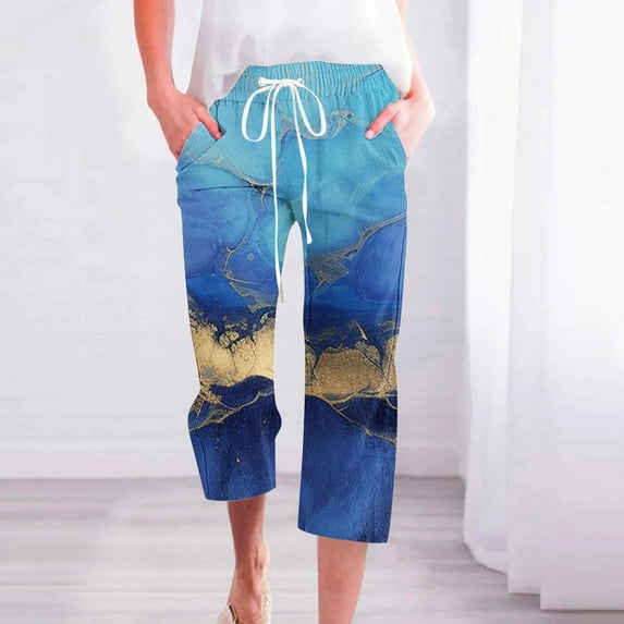 Nrmvnmi Womens Casual Linen Pants Straight Leg Drawstring Elastic High Waist Loose Floral Prints Comfy Trousers with Pockets Mothers Day Gifts For Her