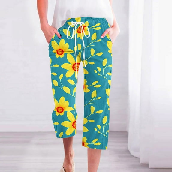 Nrmvnmi Womens Casual Linen Pants Straight Leg Drawstring Elastic High Waist Loose Floral Prints Comfy Trousers with Pockets Mothers Day Gifts For Her
