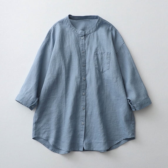 Nrmvnmi Womens Cotton Linen Short Sleeve Button Down Shirts Casual Crew Neck Solid Color Blouses Tops With Front Pocket Mothers day Gifts for Wife