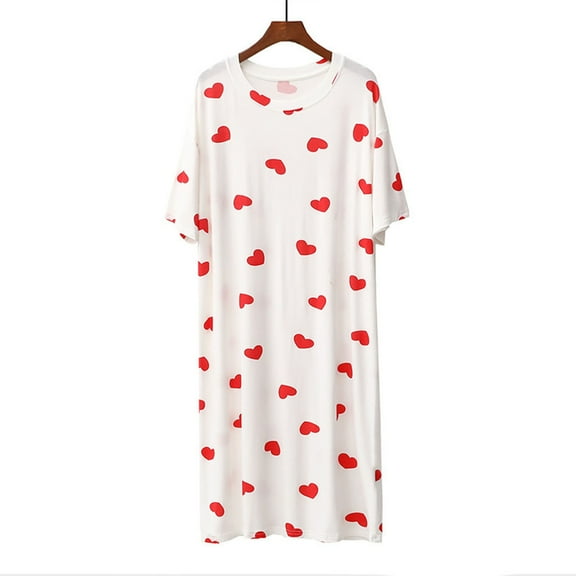 Nrmvnmi Womens Cotton Nightgown V Neck Nightshirts Sleeveless Sleepwear Casual Print Sleepdress Red Heart Print Dressy Shirts
