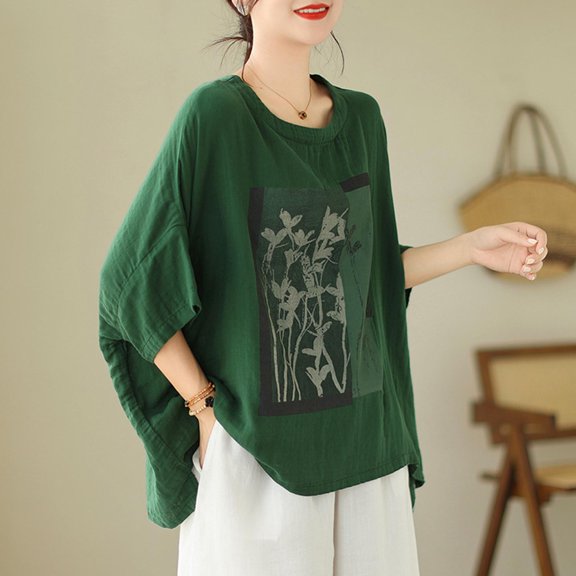 Nrmvnmi Womens Crew Neck Linen Shirts Short Sleeve Natural Cotton Blouse Summer Loose Fit Casual Tunic Tops Mothers day Gifts for Wife