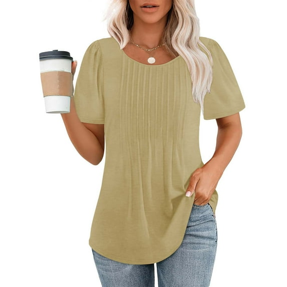 Nrmvnmi Womens Dressy Chiffon Blouses Crew Neck Petal Short Sleeve Shirts 2024 Summer Tops Pleated Tunic Casual T-Shirts For Mothers day gifts