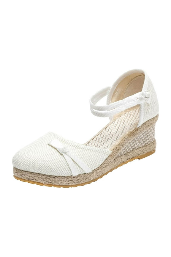 Womens Espadrilles Wedge Sandals Platform Round Toe Closed Toe Ankle Strap Lace Up Summer Shoes White Mothers Day Gifts