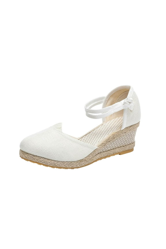 Womens Espadrilles Wedge Sandals Platform Round Toe Closed Toe Ankle Strap Lace Up Summer Shoes White Mothers Day Gifts