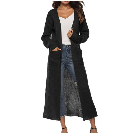 Nrmvnmi Womens High Slit Cardigan Casual Solid Color Long Sleeve Split Open Front Coat Knit Long Sweaters with Pockets Fall Fashion 2024 Black