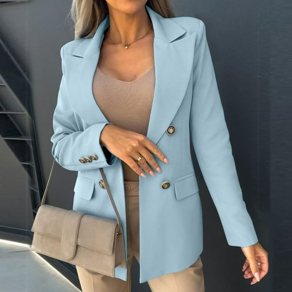 Nrmvnmi Womens Lapel Button Blazer Jacket Long Sleeve Double Front Button Lightweight Work Office Coat Casual Open Front Cardigan Light Blue