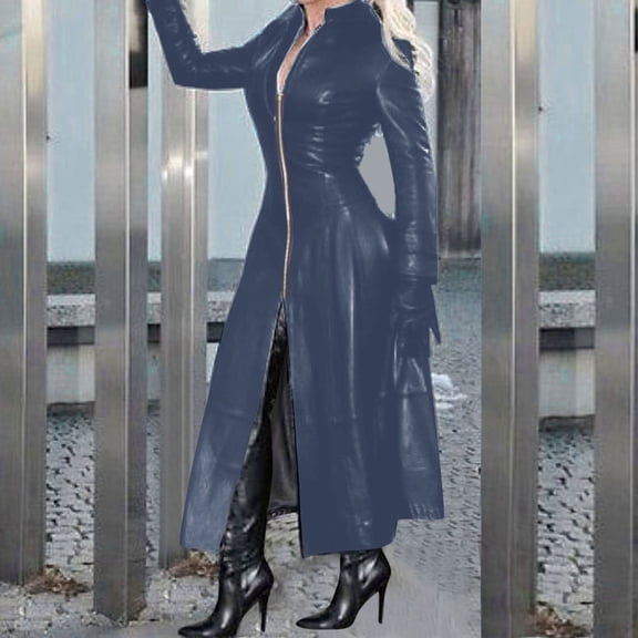 Nrmvnmi Womens Leather Long Sleeve Jacket Dress Solid Color Full Zipper Leather Long Jacket Coats Fashion Lapel Collar Outwear Navy