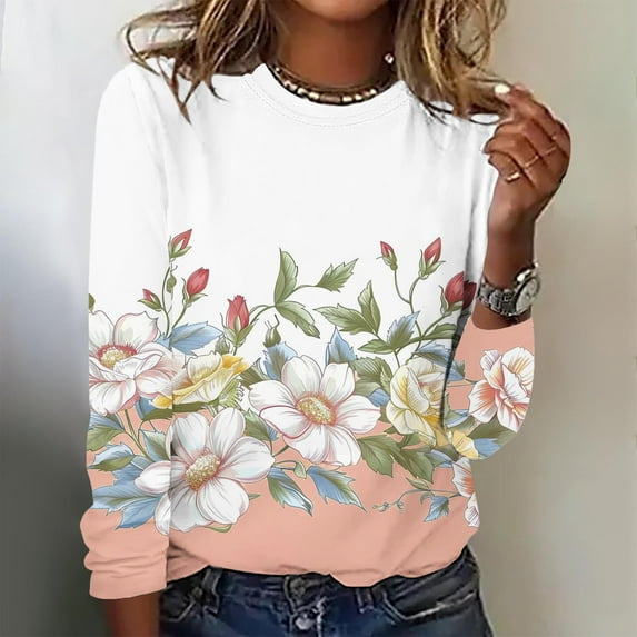 Nrmvnmi Womens Long Sleeve Tops Casual Crew Neck Floral Prints Summer/Fall Shirts Loose Fit Retro Elastic and Lightweight Blouses