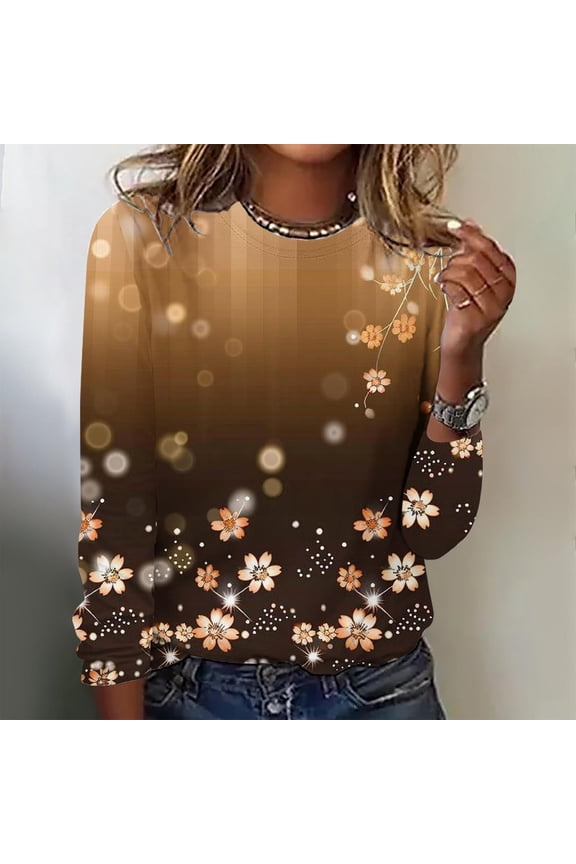Womens Long Sleeve Tops Casual Crew Neck Floral Prints Summer/Fall Shirts Loose Fit Retro Elastic and Lightweight Blouses