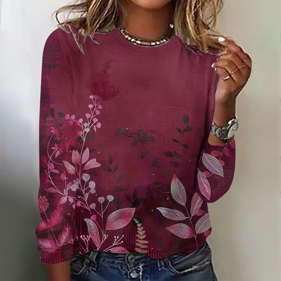 Nrmvnmi Womens Long Sleeve Tops Casual Crew Neck Floral Prints Summer/Fall Shirts Loose Fit Retro Elastic and Lightweight Blouses