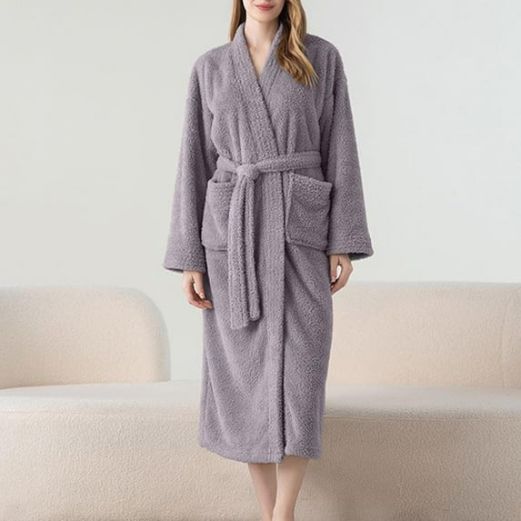 Nrmvnmi Womens Men Robe, Soft Kimono Spa Knit Long Bathrobe Thickened Nightgown Plush Warm Long Robes Casual Bathrobe Lightweight Cozy Loungewear With Belt Pocket
