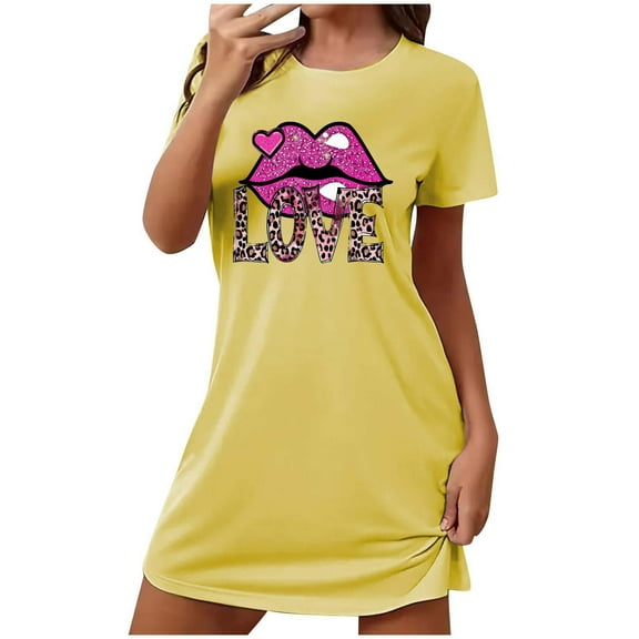 Nrmvnmi Womens Nightgowns Cotton Sleepwear Plus Size Sleep Shirt Crew Neck Short Sleeve Nightshirt Graphic Print Sleepshirt Comfortable Sleeping Skirt Loungewear Yellow S