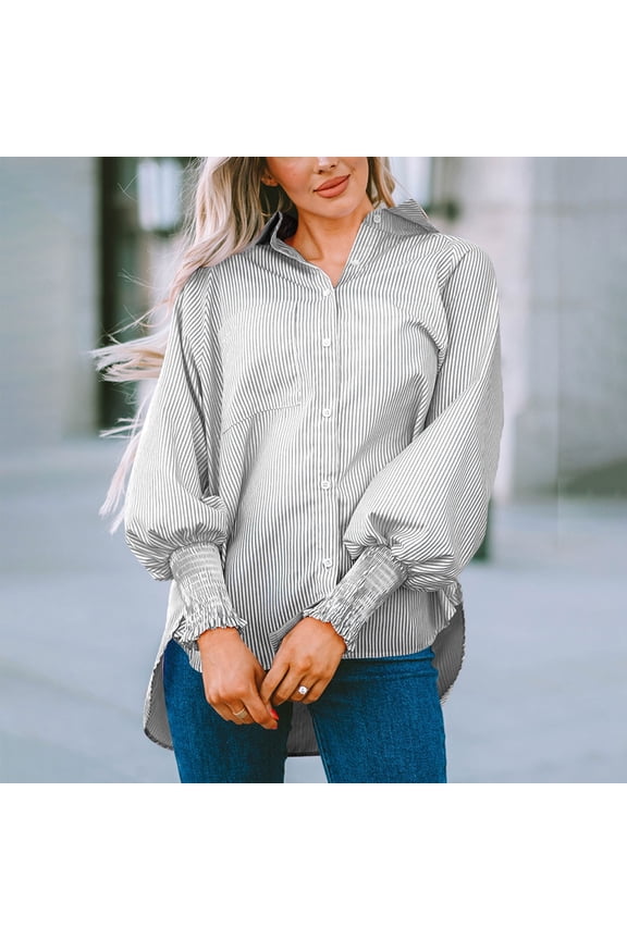 Womens Plus Size Oversized Long Sleeve Button Down Shirt Modest Smocked Cuffed Loose Shirts Blouse with Pocket Gray