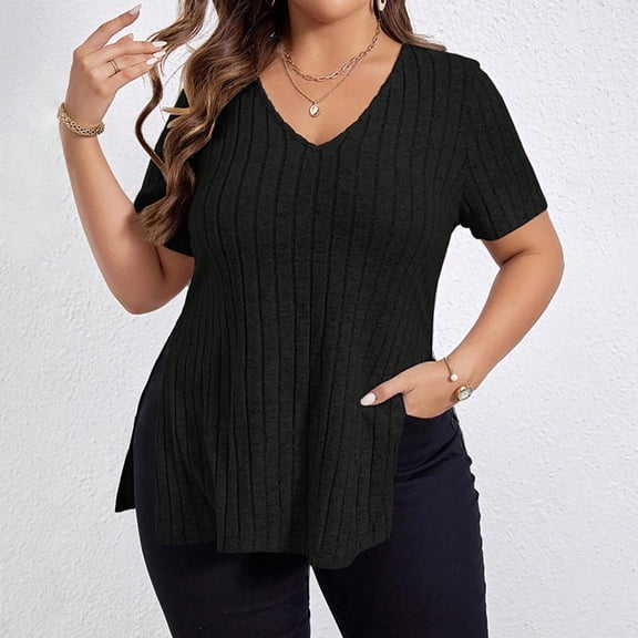 Nrmvnmi Womens Plus-Size Tops Short Sleeve Shirts V Neck Ribbed Casual Tunics With Split Side For Mothers day gifts