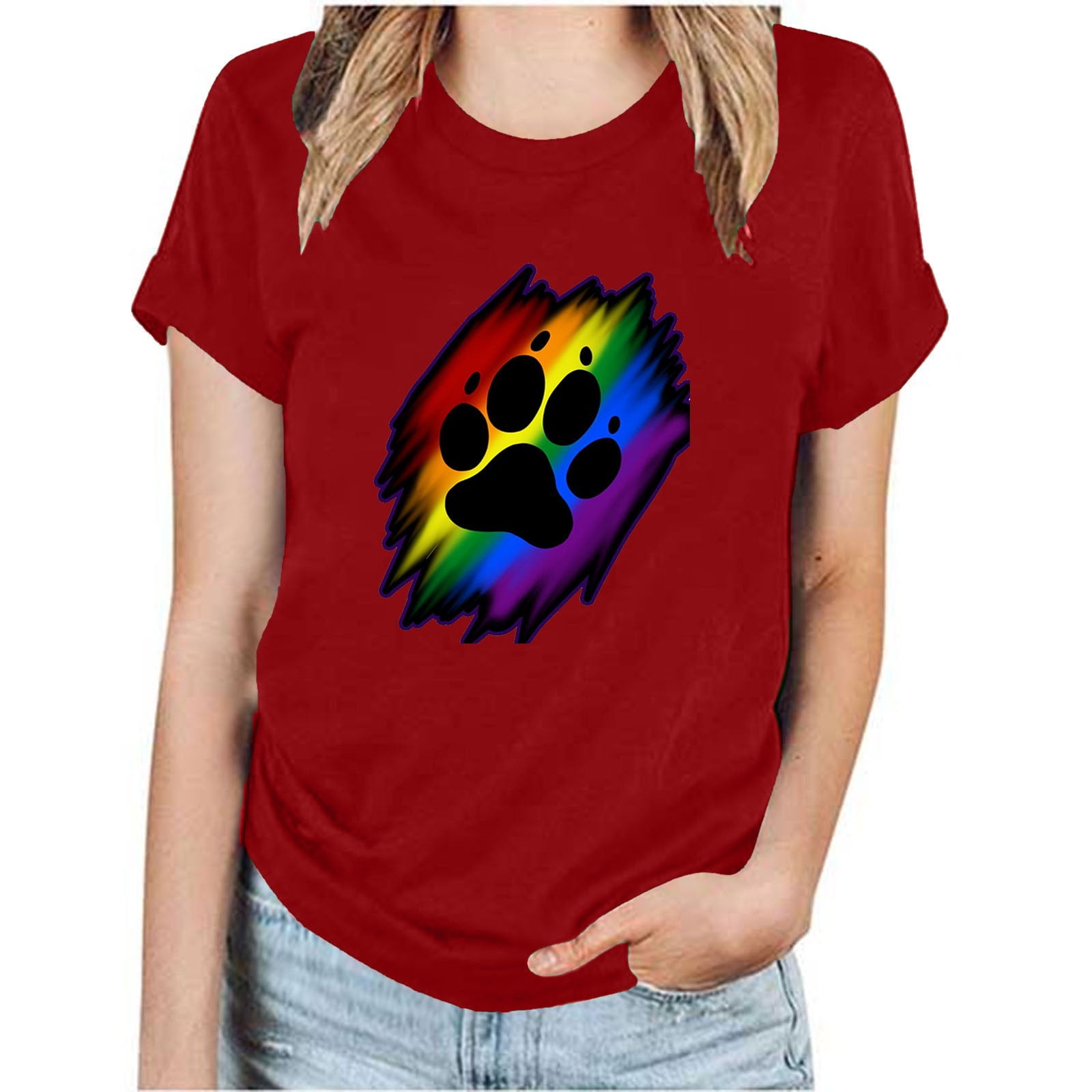 Nrmvnmi Womens Rainbow Prints T Shirts Short Sleeve Round Neck Tops