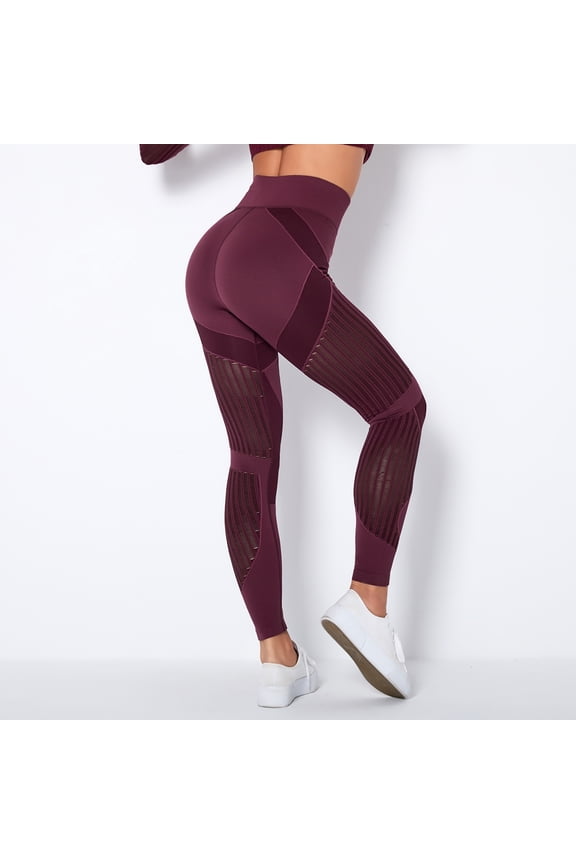 Womens Solid Color High Waist Leggings Ripped Mesh Seamless Workout Yoga Pants Burgundy-M Mothers Day Gifts