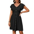 thumbnail image 1 of Nrmvnmi Womens Summer Dresses Boho V Neck Solid Color Ruffle Short Sleeve Button Mini Dress Cute Smocked Waist Short Dress Black SMothers Day Gifts, 1 of 8