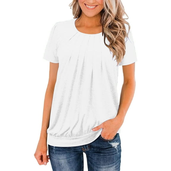Nrmvnmi Womens T Shirts Short Sleeve Pleated Dressy Casual Scooped Neck Summer Tops Blouses For Mothers day gifts