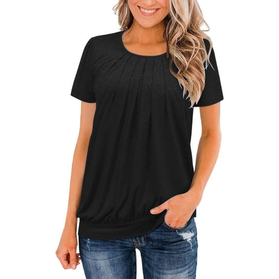 Nrmvnmi Womens T Shirts Short Sleeve Pleated Dressy Casual Scooped Neck Summer Tops Blouses For Mothers day gifts