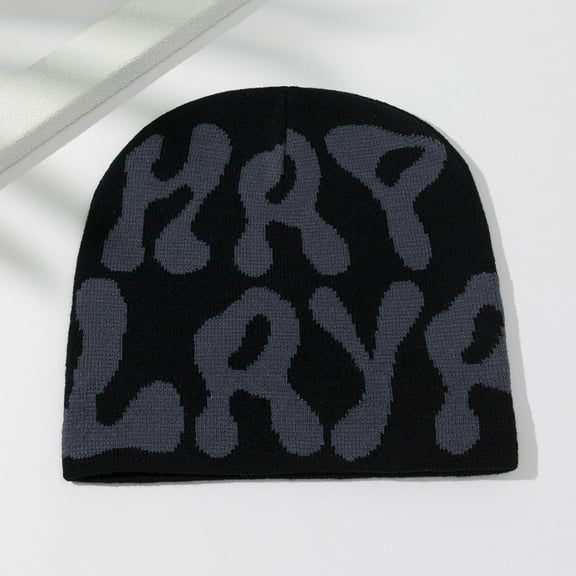 Nrmvnmi Womens Unisex Knitted Beanies Double-Layer Knitted Hat Fashion Letter Printed Hats Winter Soft Warm Slouchy Caps Hip-Hop Slouchy Hats