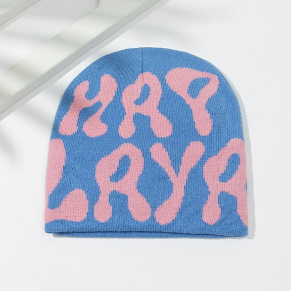 Nrmvnmi Womens Unisex Knitted Beanies Double-Layer Knitted Hat Fashion Letter Printed Hats Winter Soft Warm Slouchy Caps Hip-Hop Slouchy Hats