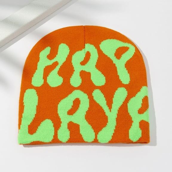 Nrmvnmi Womens Unisex Knitted Beanies Double-Layer Knitted Hat Fashion Letter Printed Hats Winter Soft Warm Slouchy Caps Hip-Hop Slouchy Hats