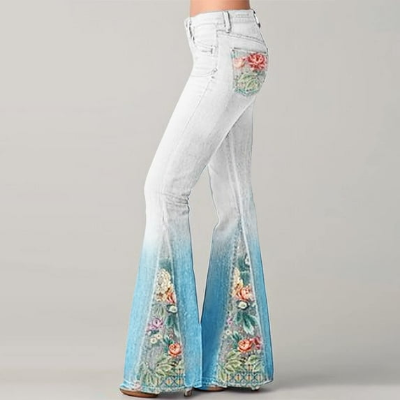 Nrmvnmi Womens Vintage Floral Print Flare Denim Pants Bell Bottom Jeans Curvy Slim Fit Butt Lifting Denim Skinny Jeans Gradient Color Denim Pants