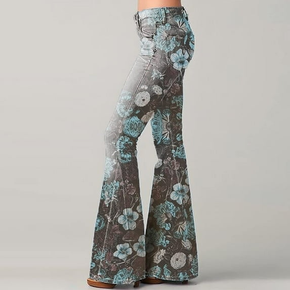 Nrmvnmi Womens Vintage Floral Print Flare Denim Pants Bell Bottom Jeans Curvy Slim Fit Butt Lifting Denim Skinny Jeans Gradient Color Denim Pants