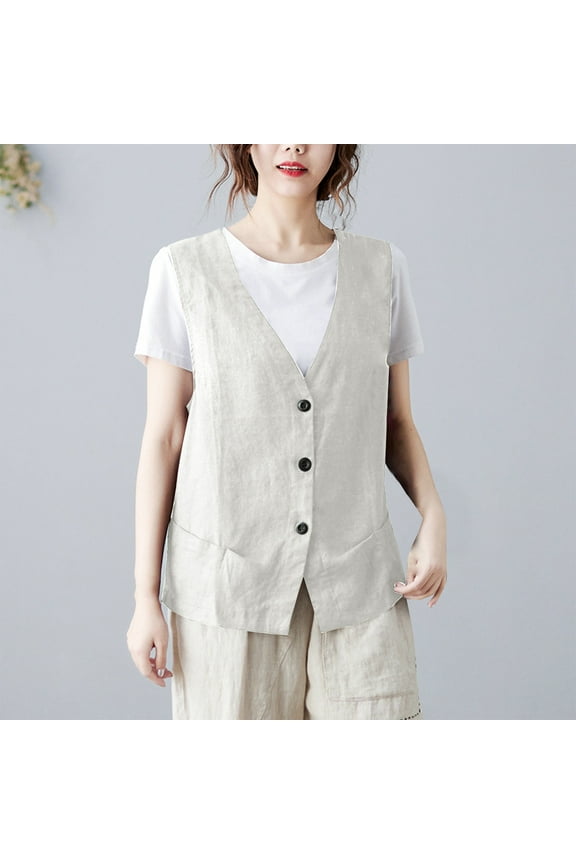 Womens Vintage Waistcoat Solid Color v-neck Herringbone Tweed Button Down Casual Dressy Suit Vest With Two Front Pockets Beige