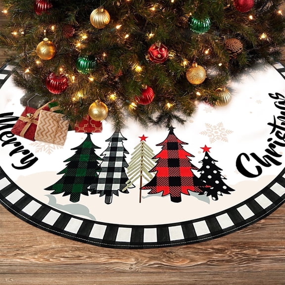 Nrnio Christmas Tree Skirt 48 Inches, Black Buffalo Plaid Xmas Tree Skirts for Christmas Party Home Decor, Merry Christmas Tree Skirts for Christmas Holiday Decorations